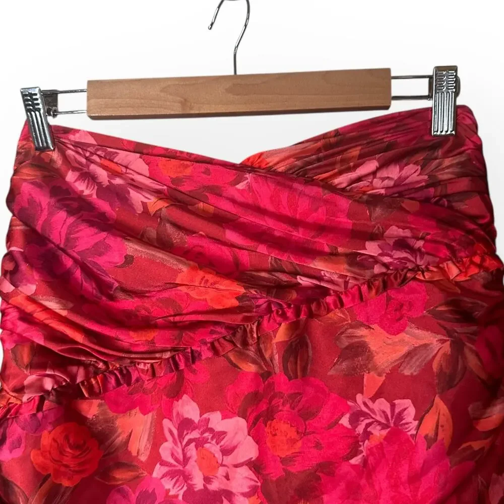FOR LOVE & LEMONS Alia Floral Satin Mini Skirt Red Ruched Ruffle Festival Club